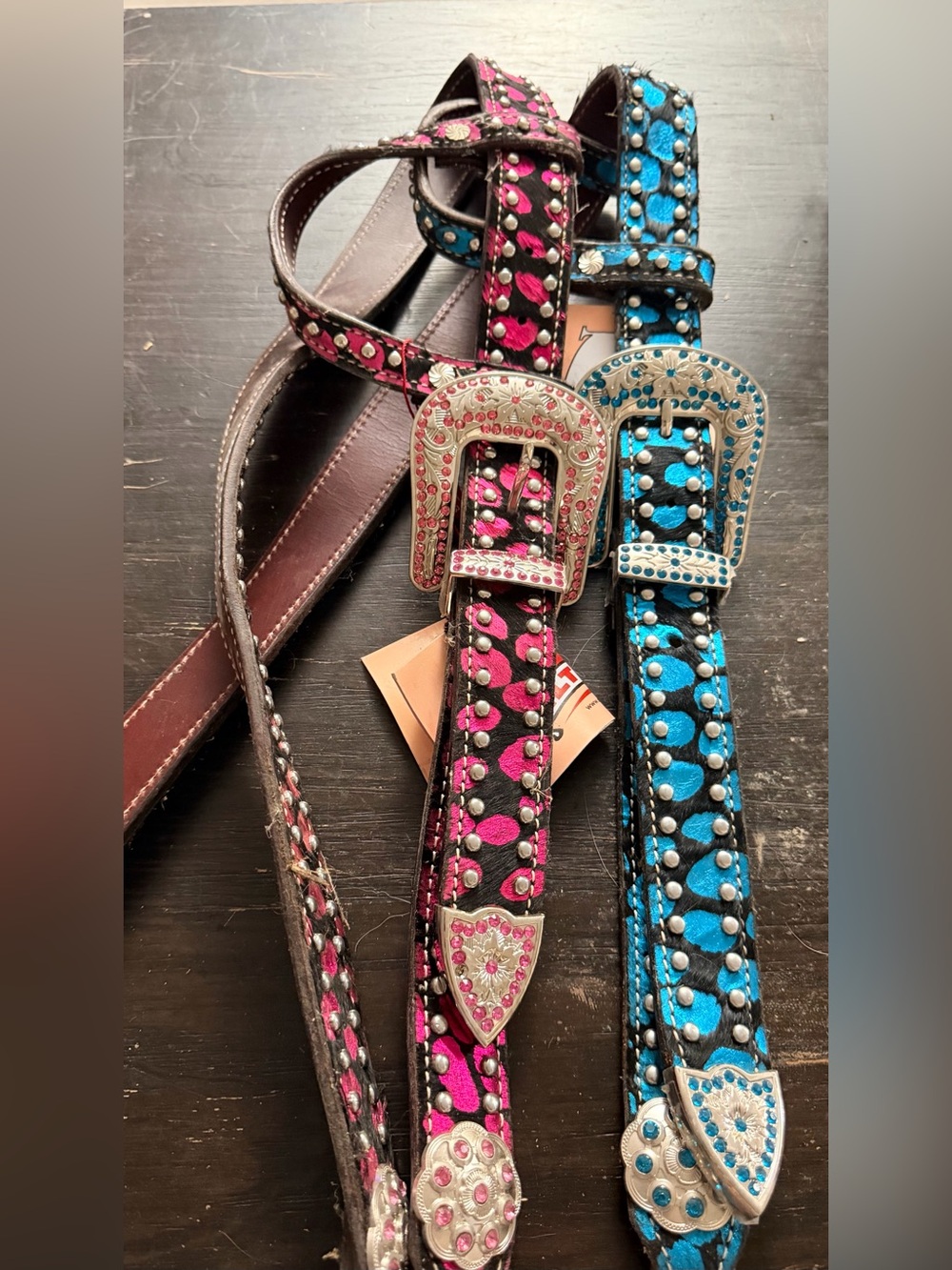 Split Ear Western Headstall Blue or Pink  Cheetah Print Rhinestones Buckle Set